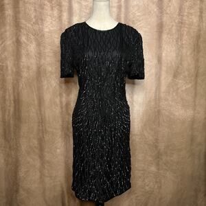 Vintage 90s American Night Sequined Sheath Dress Midi Black Silk Goth Couture